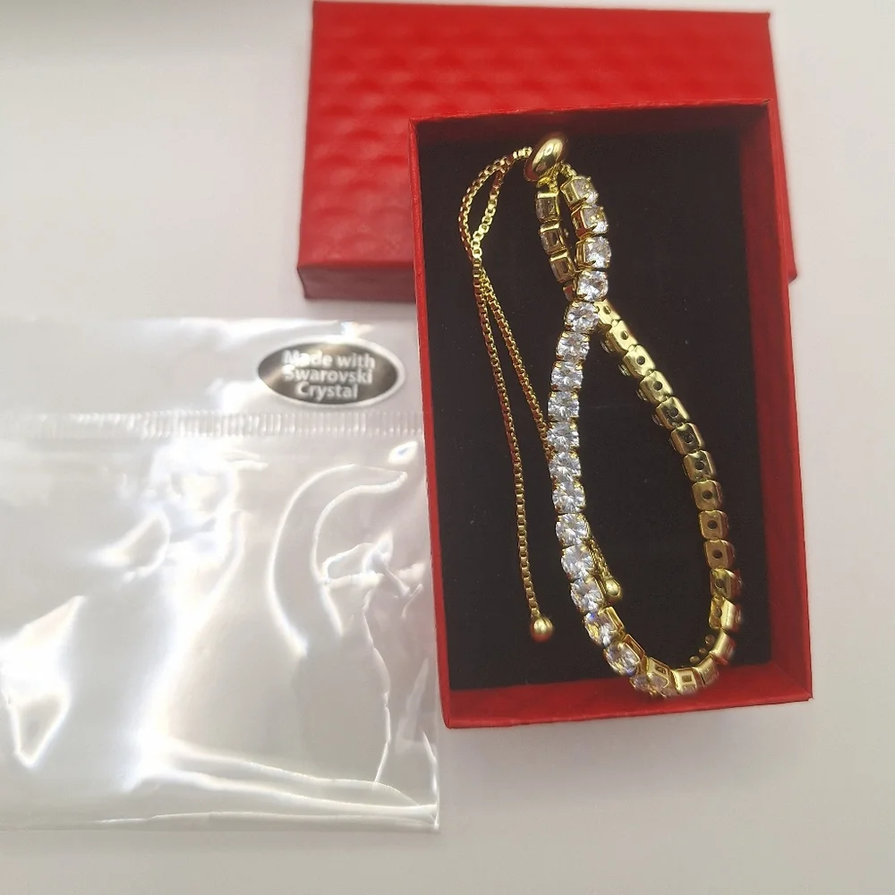 Gold-Tone Swarovski Crystal Adjustable Tennis Bracelet | Slider Style
